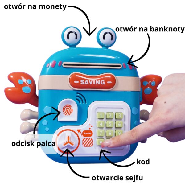 WOOPIE Elektroniczna Skarbonka Sejf Bankomat na Pin Kod Dostępu Krab Plecak Niebieski - obrazek 3