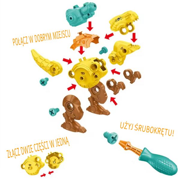 WOOPIE Zestaw Dinozaury do Skręcania 3 szt. Zestaw Konstrukcyjny w Pudełku + Wiertarka i Śrubokręt - obrazek 2