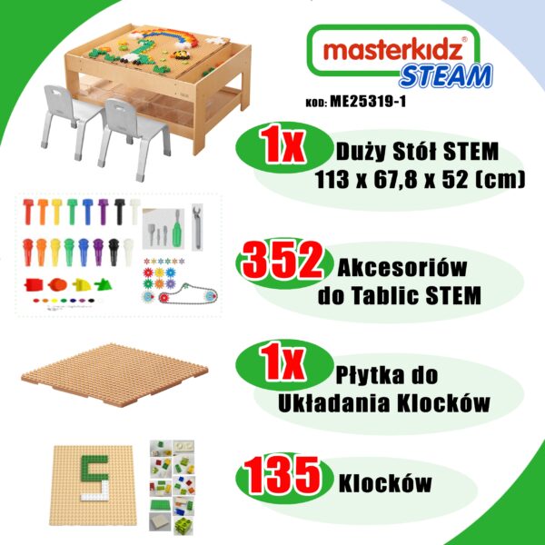 MASTERKIDZ Drewniany Stół Edukacyjny + AKCESORIA STEM WALL + 135 Klocków - obrazek 2