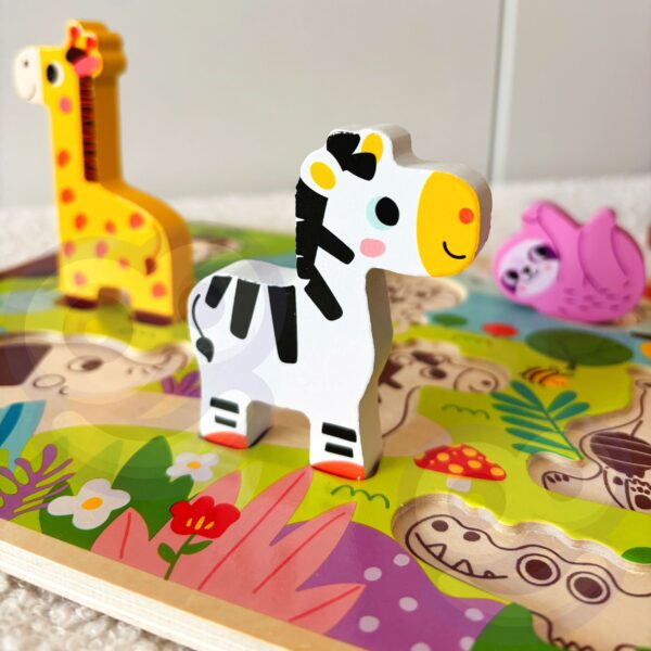 Tooky Toy Drewniane Puzzle Montessori Zwierzątka ZOO Safari Dopasuj Kształty - obrazek 3