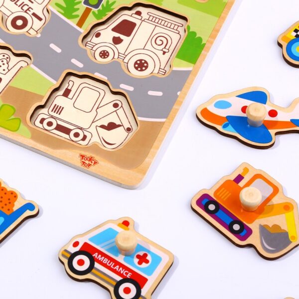 TOOKY TOY Drewniane Puzzle Montessori Transport Pojazdy z Pinezkami Do Dopasowania - obrazek 2