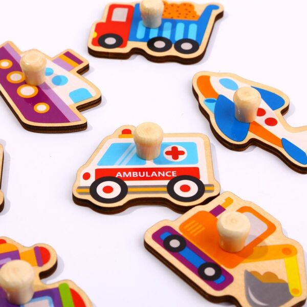 TOOKY TOY Drewniane Puzzle Montessori Transport Pojazdy z Pinezkami Do Dopasowania - obrazek 3