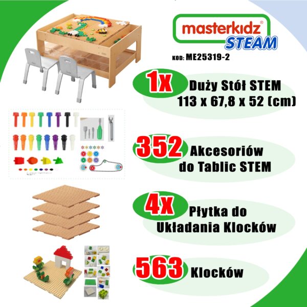 MASTERKIDZ Drewniany Stół Edukacyjny + AKCESORIA STEM WALL + 563 Klocków - obrazek 2