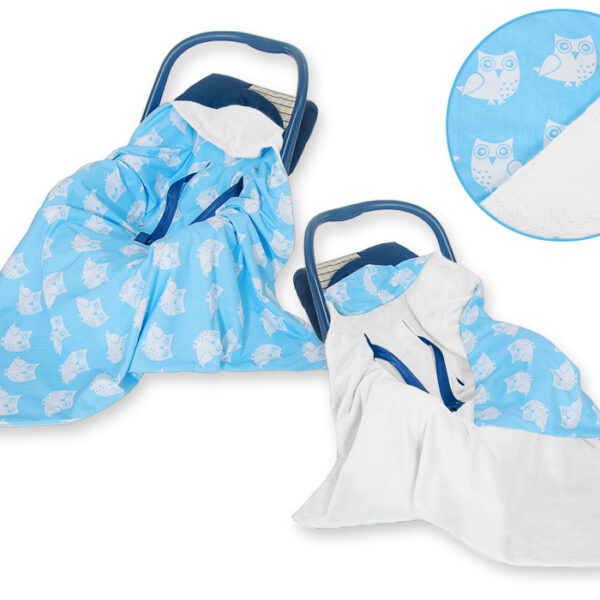 Duży otulacz dwustronny kocyk do fotelika nosidełka dla niemowląt - Sowy niebieskie
