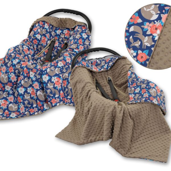 Duży otulacz dla niemowląt do fotelika nosidełka wózka dwustronny - lisia rodzinka na granacie