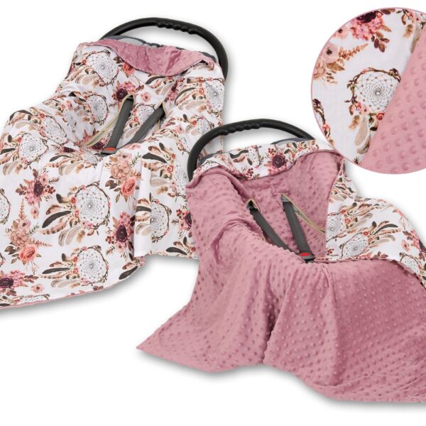 Duży otulacz dla niemowląt do fotelika nosidełka wózka dwustronny - łapacze snów kwiatowe/róż retro