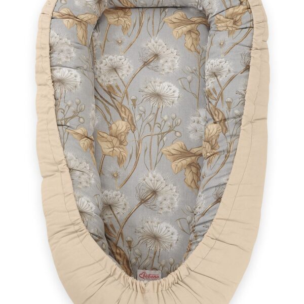 Kokon niemowlęcy dwustronny kojec otulacz Premium BOBONO- dmuchawce na szarości/ beż