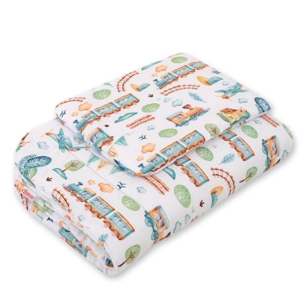 Komplet pościeli dla niemowląt z wypełnieniem 2-cz 75x100cm NEWBORN - pociąg turkusowy