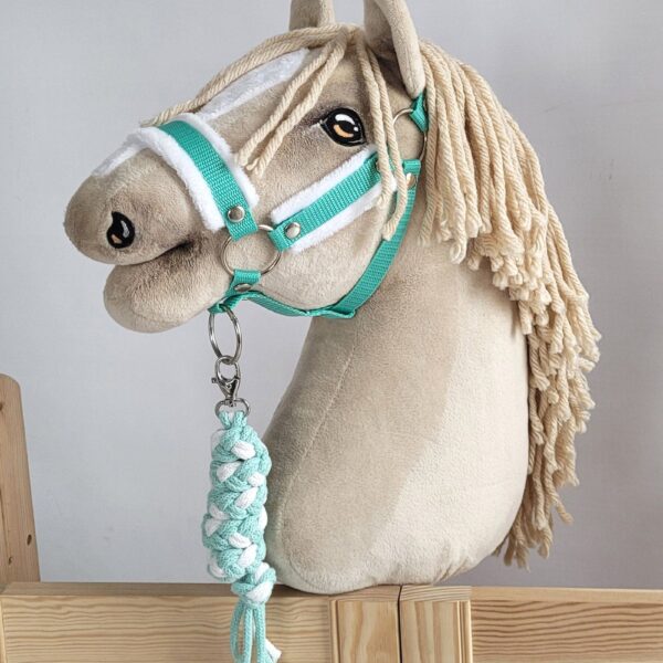 Zestaw do Hobby Horse: kantar A3 z białym futerkiem + uwiąz ze sznurka - biało-miętowy