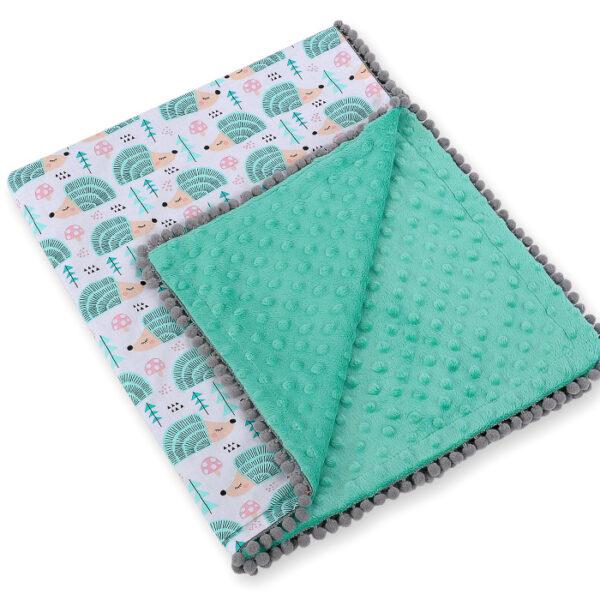 Dwustronny kocyk z pomponami minky i bawełna - jeżyki miętowe