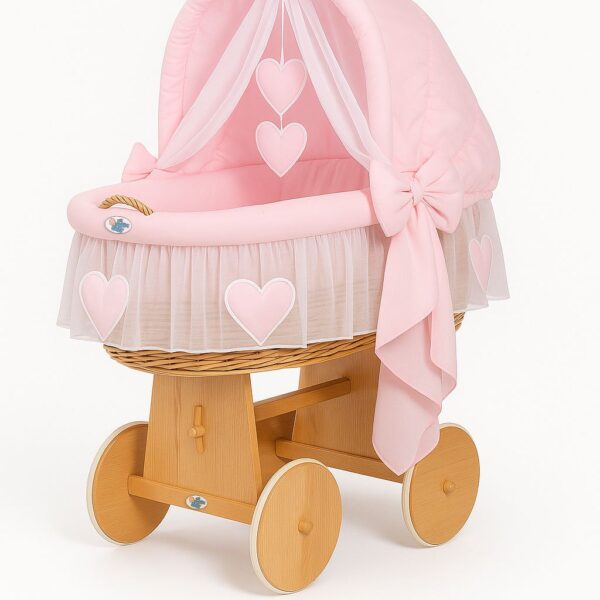 Wiklinowy kosz Mojżesza ze składaną budką Amelia - naturalny + różowa pościel