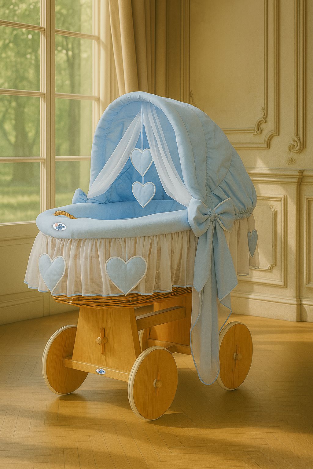 Wiklinowy kosz Mojżesza ze składaną budką Amelia - naturalny + niebieska pościel - obrazek 2