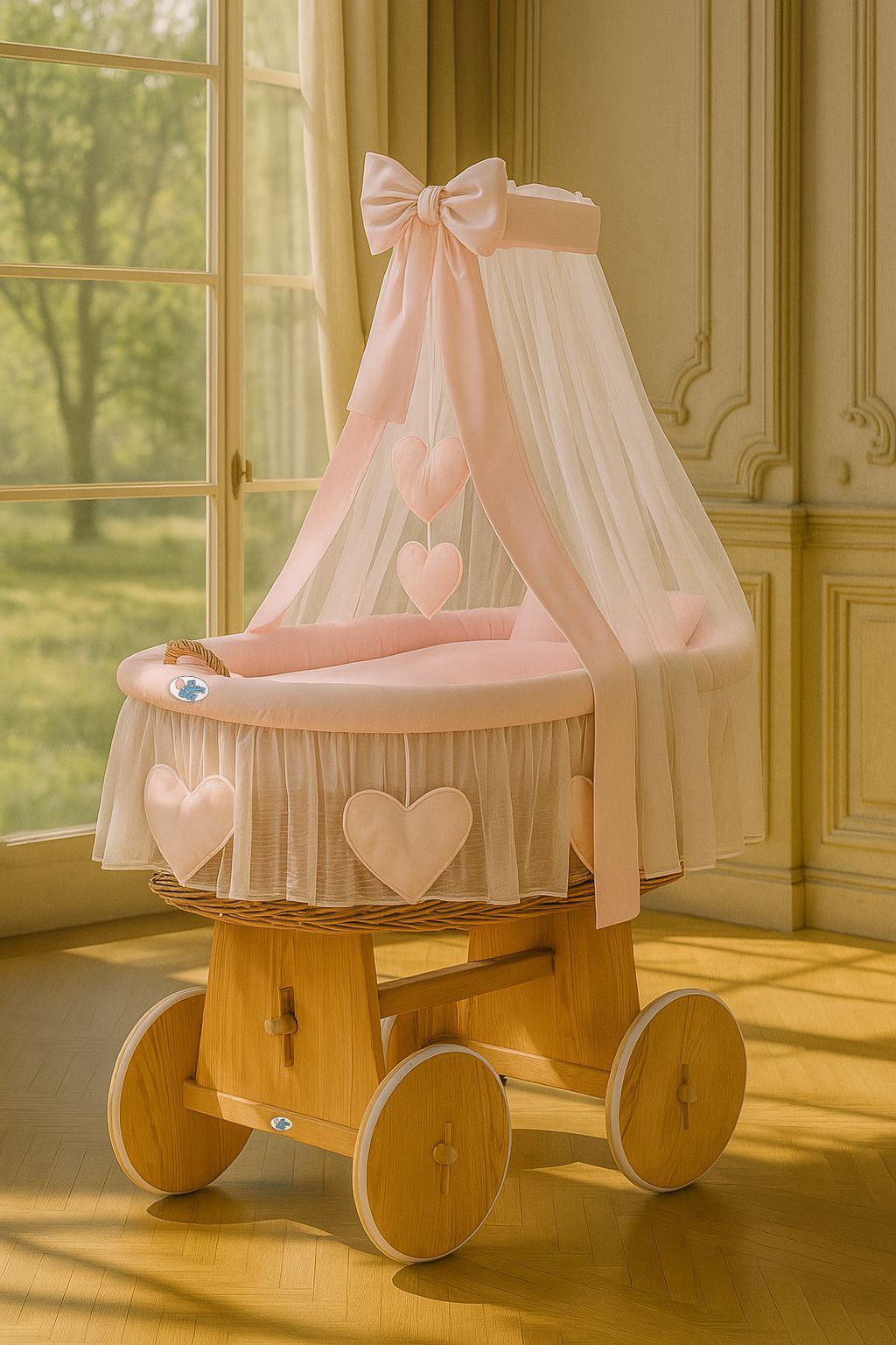 Wiklinowy kosz Mojżesza z baldachimem Amelia - naturalny + różowa pościel - obrazek 2