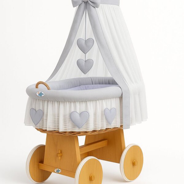 Wiklinowy kosz Mojżesza z baldachimem Amelia - naturalny + szara pościel