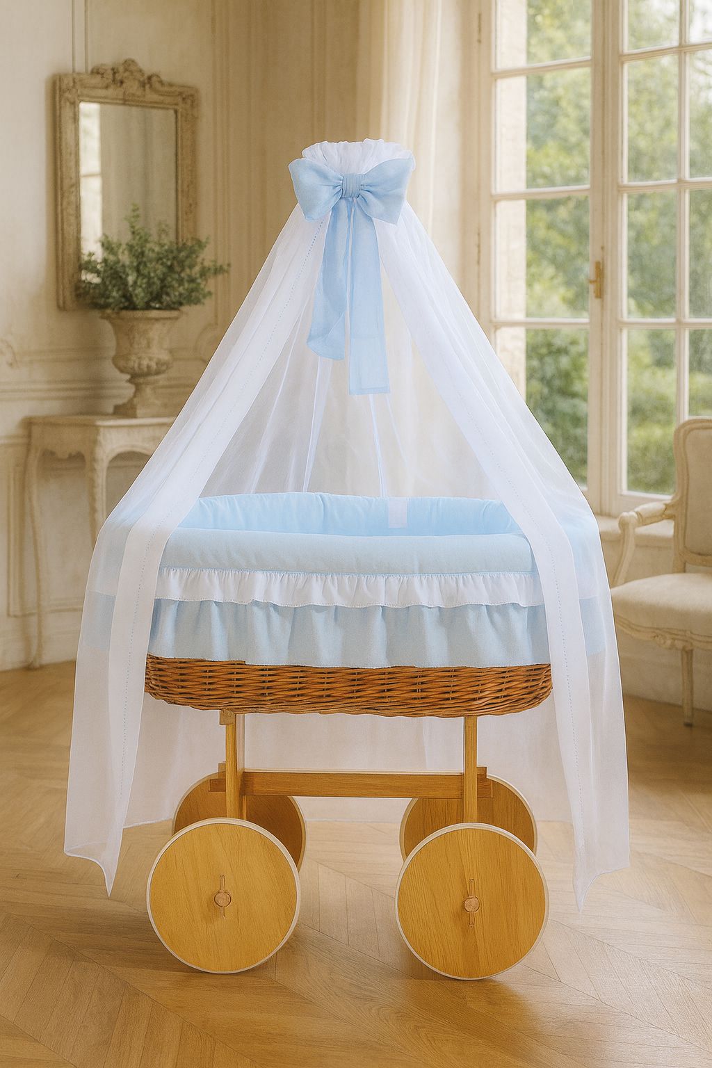 Wiklinowy kosz Mojżesza z baldachimem Deluxe Bellamy - naturalny + niebieska pościel - obrazek 4