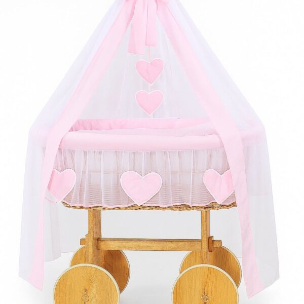 Wiklinowy kosz Mojżesza z baldachimem Deluxe Amelia - naturalny + różowa pościel