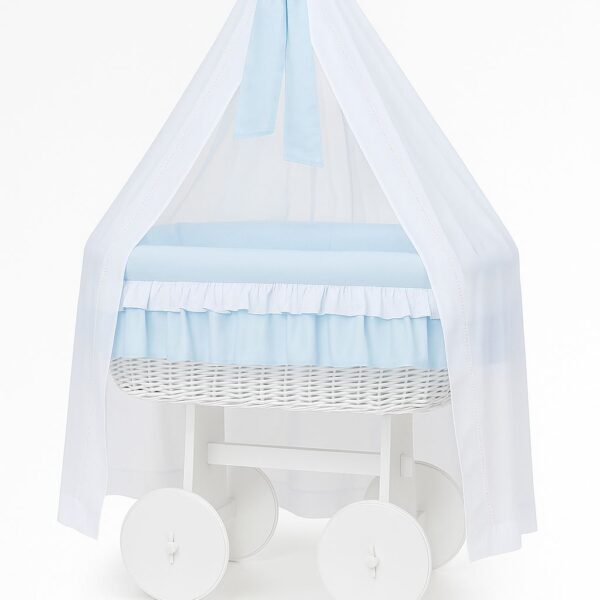Wiklinowy kosz Mojżesza z baldachimem Deluxe Bellamy - biały + niebieska pościel