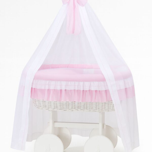 Wiklinowy kosz Mojżesza z baldachimem Deluxe Bellamy - biały + różowa pościel