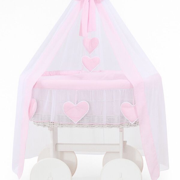 Wiklinowy kosz Mojżesza z baldachimem Deluxe Amelia - biały + różowa pościel