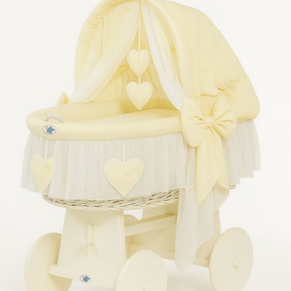 Wiklinowy kosz Mojżesza ze składaną budką Amelia - biały + kremowa pościel