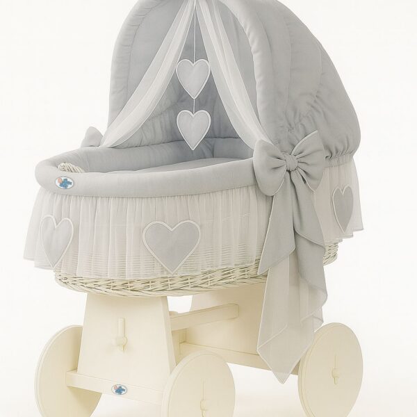 Wiklinowy kosz Mojżesza ze składaną budką Amelia - biały + szara pościel