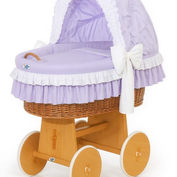 Wiklinowy kosz Mojżesza ze składaną budką Bellamy - naturalny + fioletowa pościel