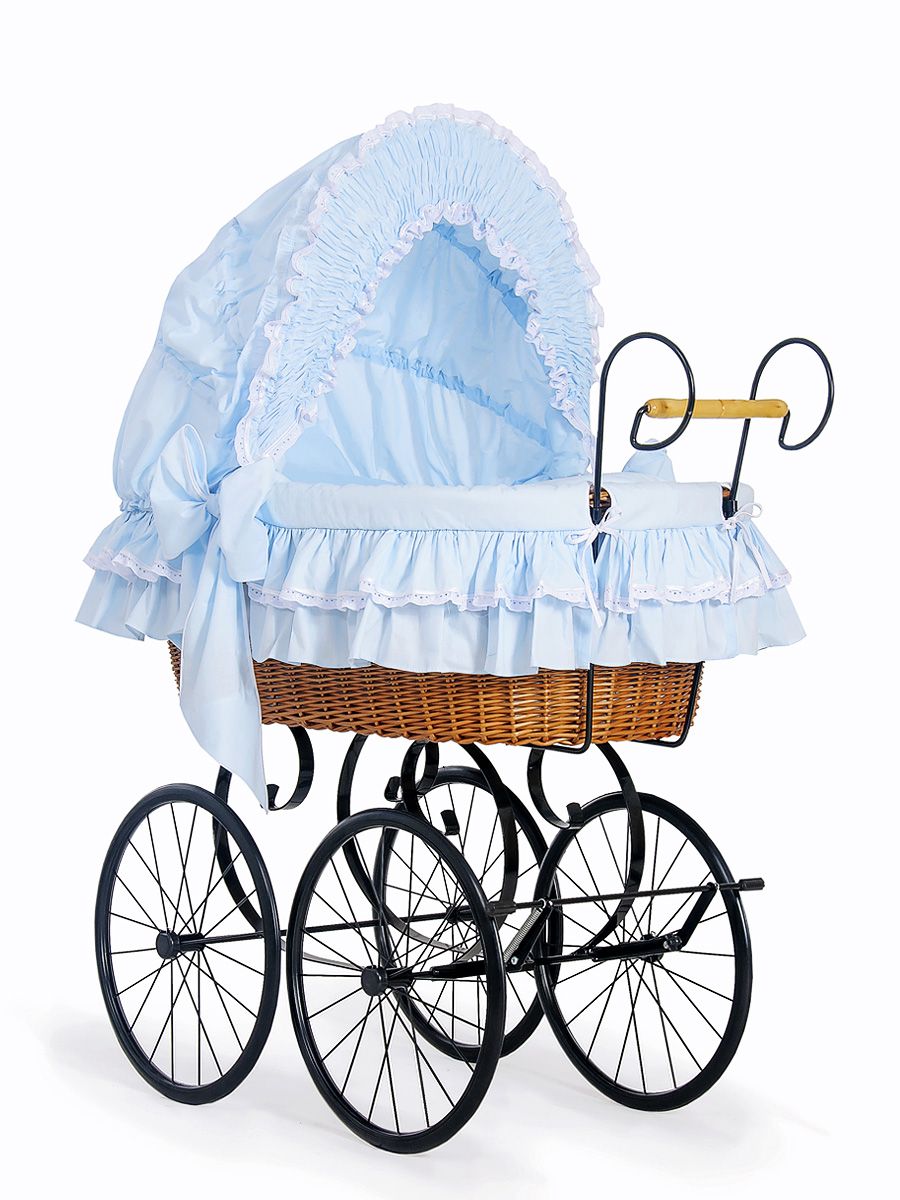 Wiklinowy kosz Mojżesza Retro ze składaną budką Victoria - naturalny + niebieska pościel z koronką