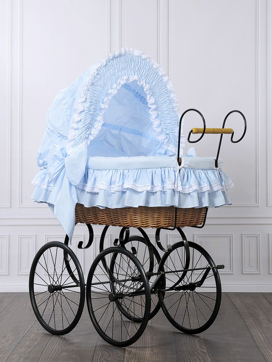 Wiklinowy kosz Mojżesza Retro ze składaną budką Victoria - naturalny + niebieska pościel z koronką - obrazek 2