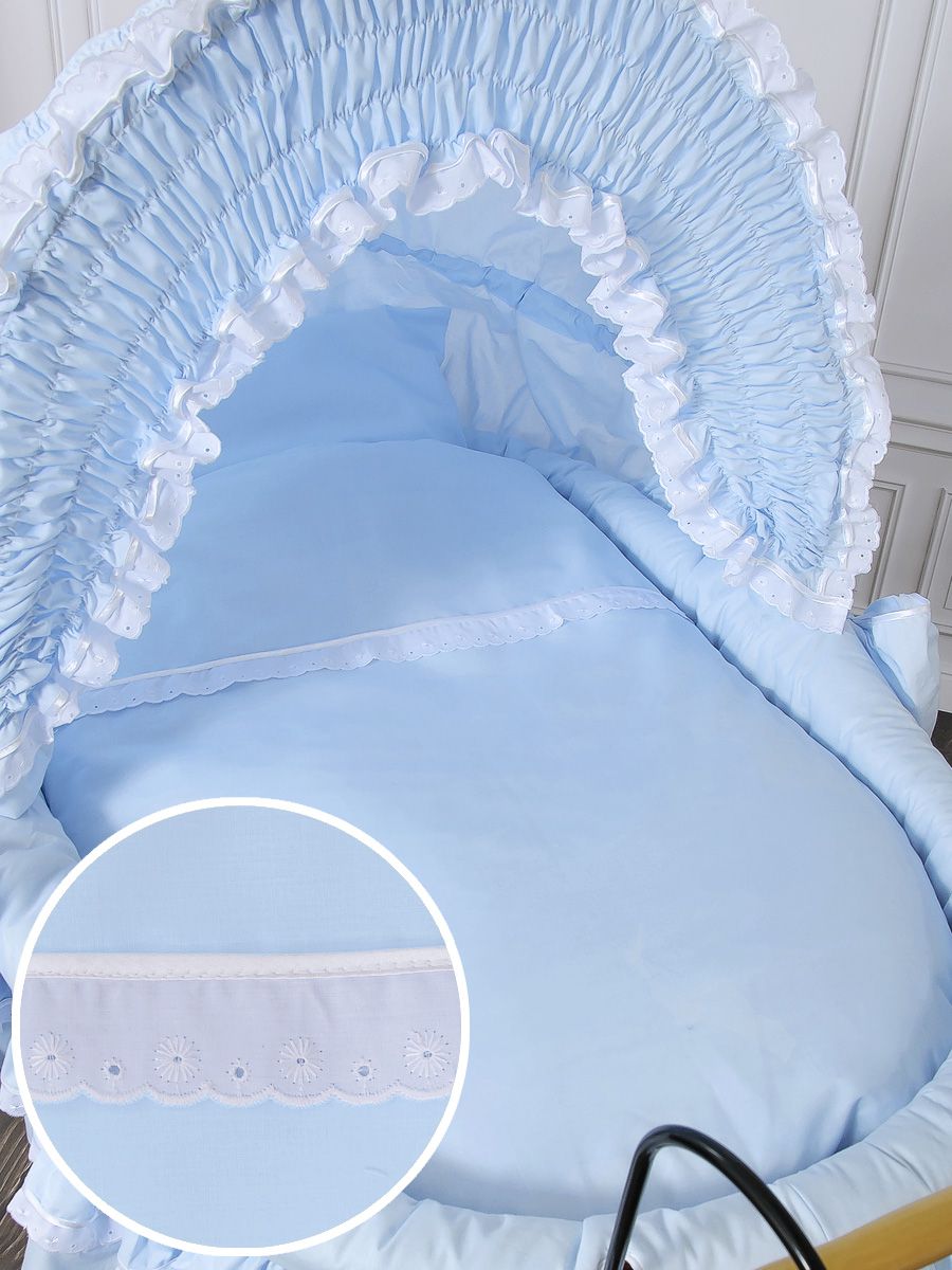 Wiklinowy kosz Mojżesza Retro ze składaną budką Victoria - naturalny + niebieska pościel z koronką - obrazek 3