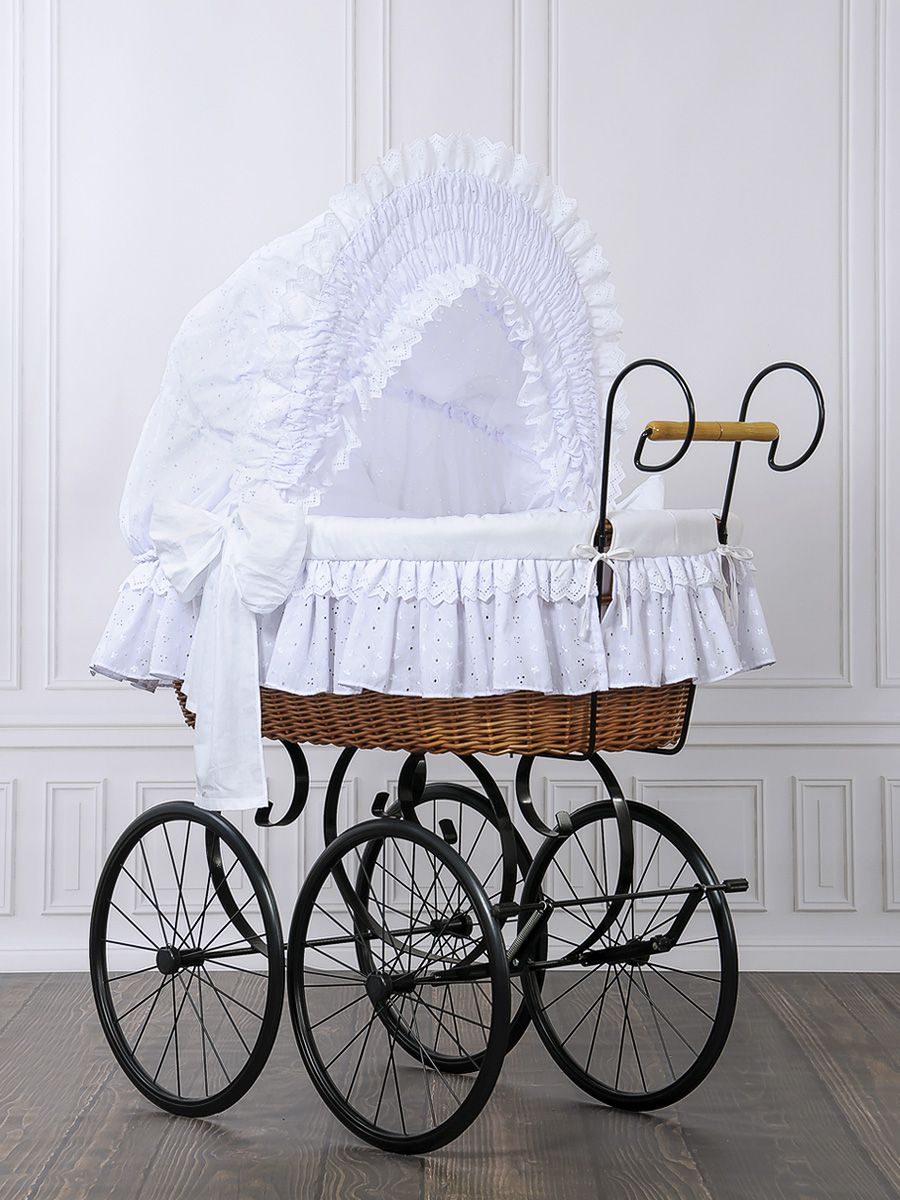 Wiklinowy kosz Mojżesza Retro ze składaną budką Charlotte - naturalny + biała pościel z koronką - obrazek 2