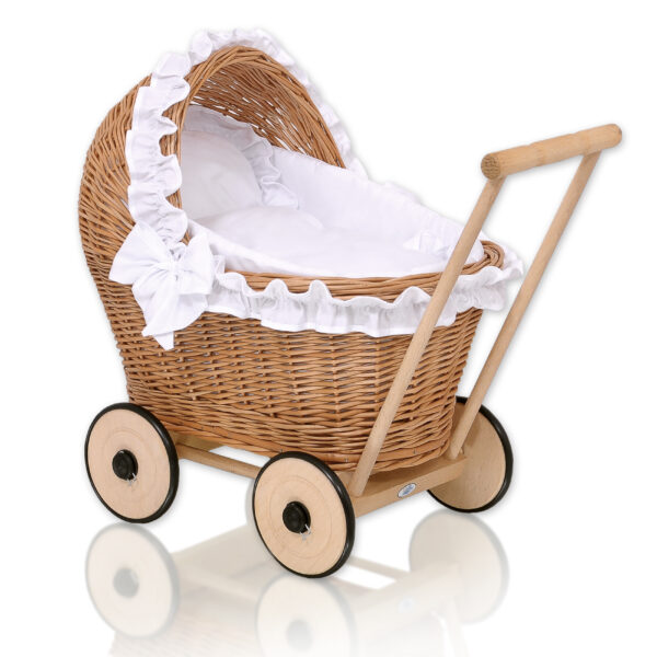 Wiklinowy wózek dla lalek pchacz z białą pościelką i miękką wyściółką CHIARA - naturalny