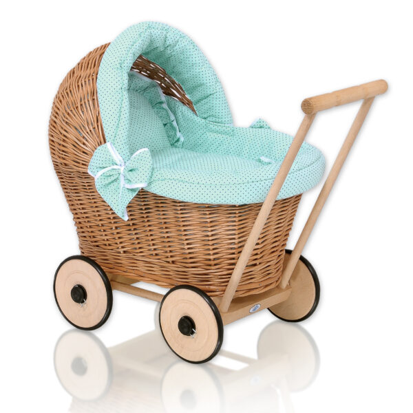 Wiklinowy wózek dla lalek pchacz z miętową pościelką i miękką wyściółką STELLA - naturalny