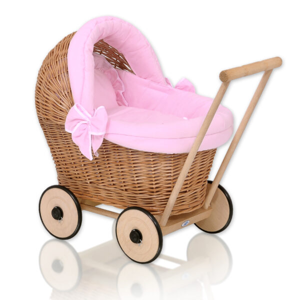 Wiklinowy wózek dla lalek pchacz z różową pościelką i miękką wyściółką STELLA - naturalny