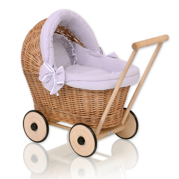 Wiklinowy wózek dla lalek pchacz z szarą pościelką i miękką wyściółką STELLA - naturalny