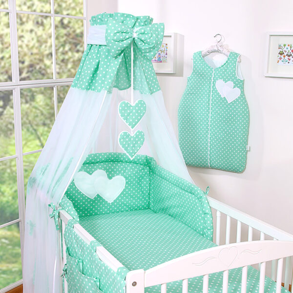 Pościel 5-cz 120x90 - Serduszka białe grochy na mięcie