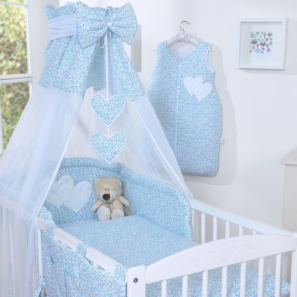 Pościel 5-cz z 120x90 baldachimem - Wiszące Serduszka łączka niebieska