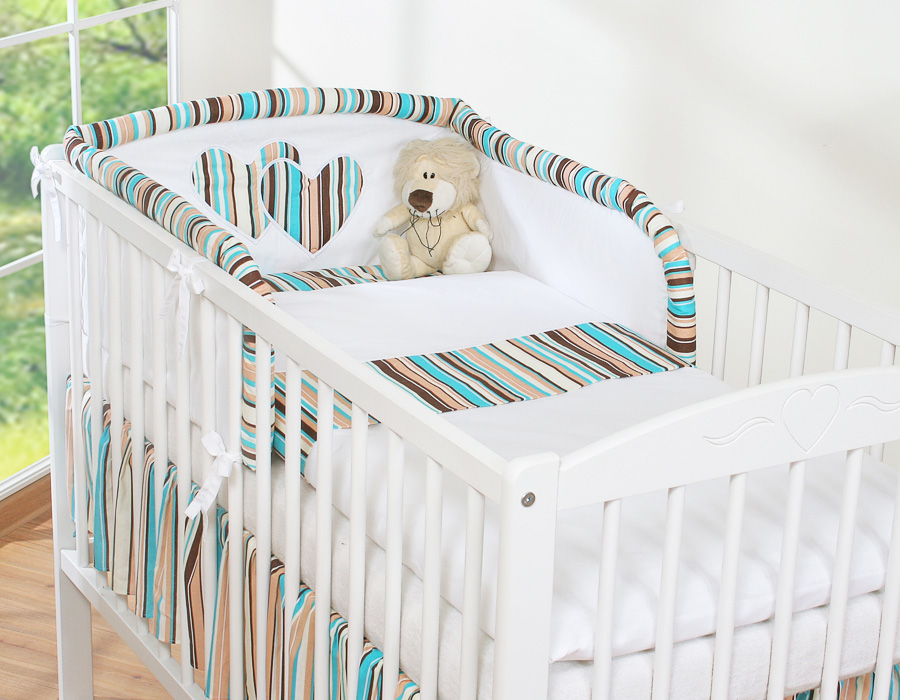 Ochraniacz do łóżeczka na szczebelki uniwersalny - Serduszka pasy brązowo-turkusowe - obrazek 2