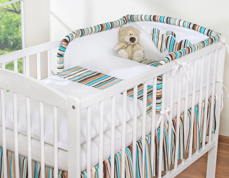 Ochraniacz do łóżeczka na szczebelki uniwersalny - Serduszka pasy brązowo-turkusowe - obrazek 3