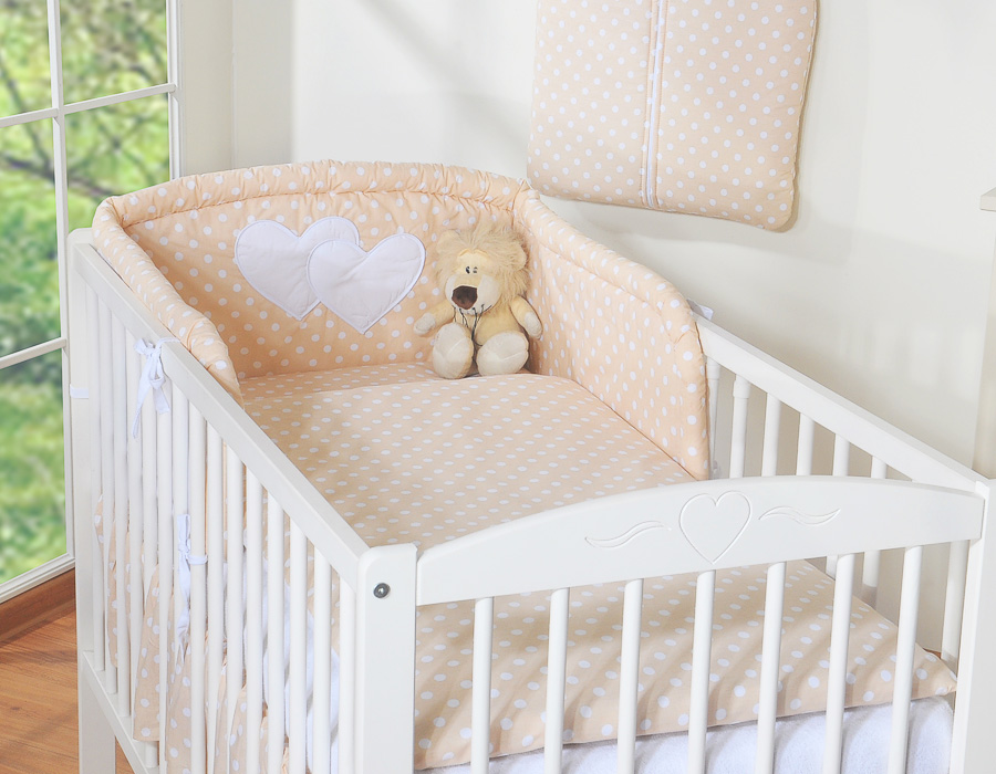 Ochraniacz do łóżeczka na szczebelki uniwersalny - Serduszka białe grochy na beżowym - obrazek 2