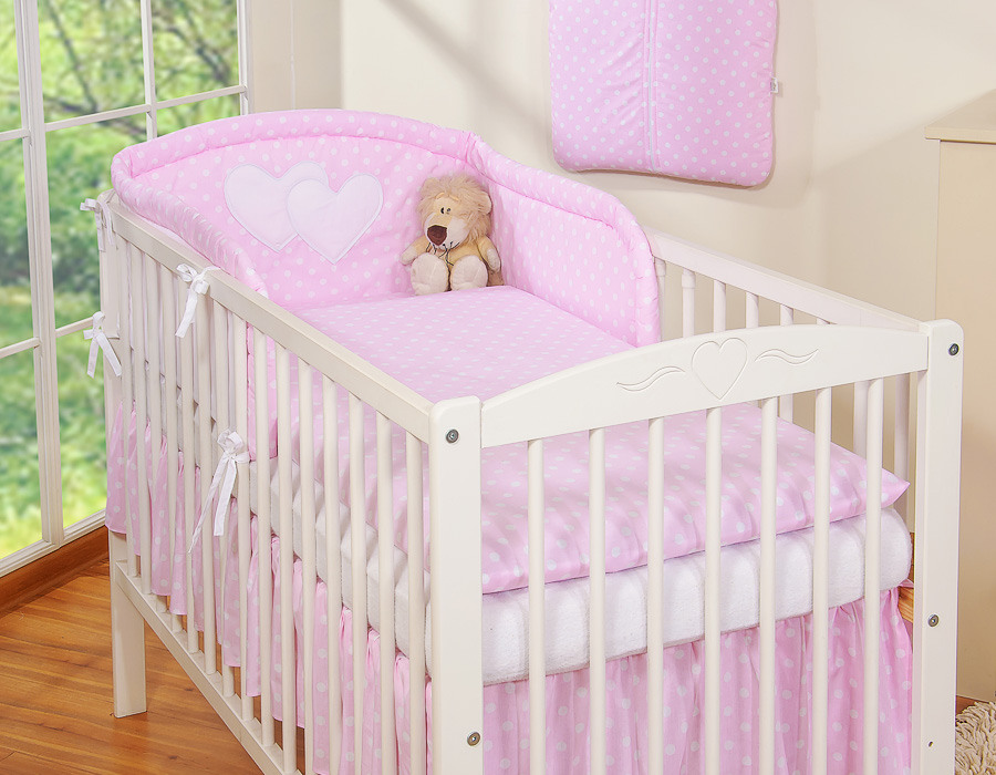 Ochraniacz do łóżeczka na szczebelki uniwersalny - Serduszka białe grochy na różu - obrazek 2