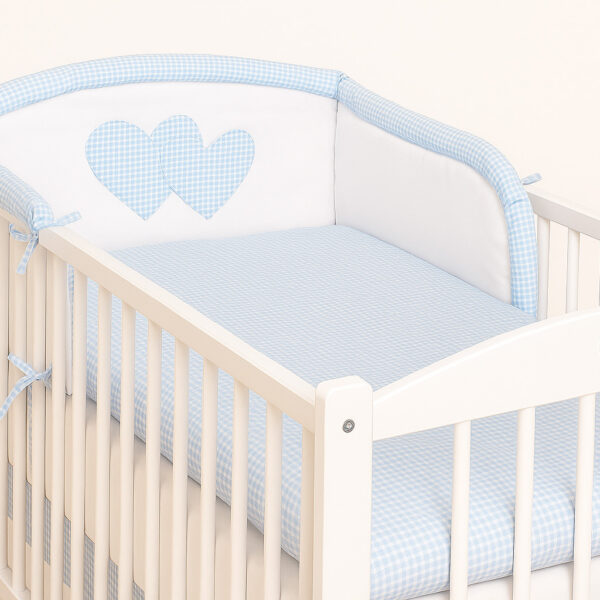 Ochraniacz do łóżeczka na szczebelki uniwersalny - Serduszka kratka niebieska