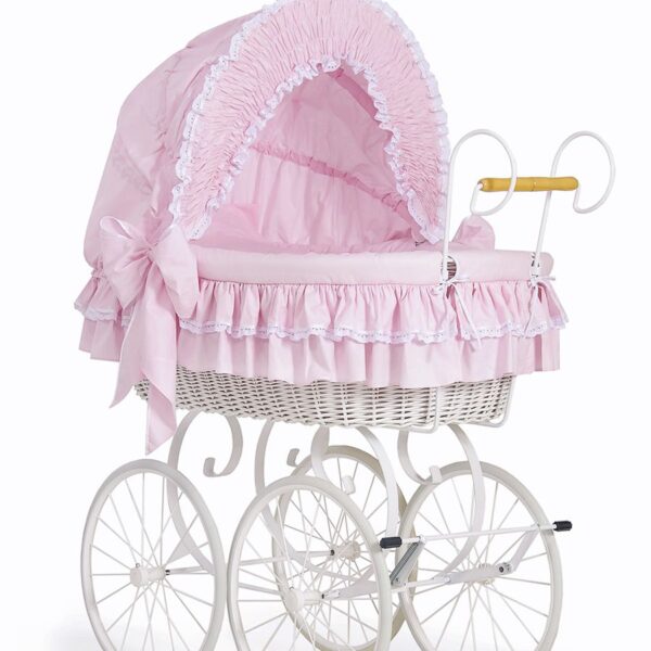 Wiklinowy kosz Mojżesza Retro ze składaną budką Victoria - biały + różowa pościel z koronką