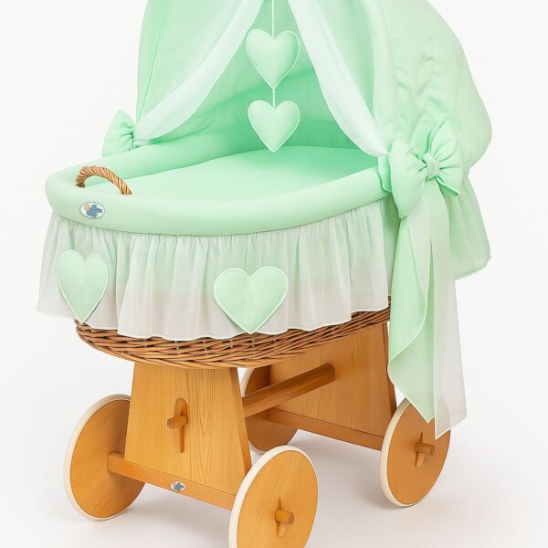 Wiklinowy kosz Mojżesza ze składaną budką Amelia - naturalny + miętowa pościel